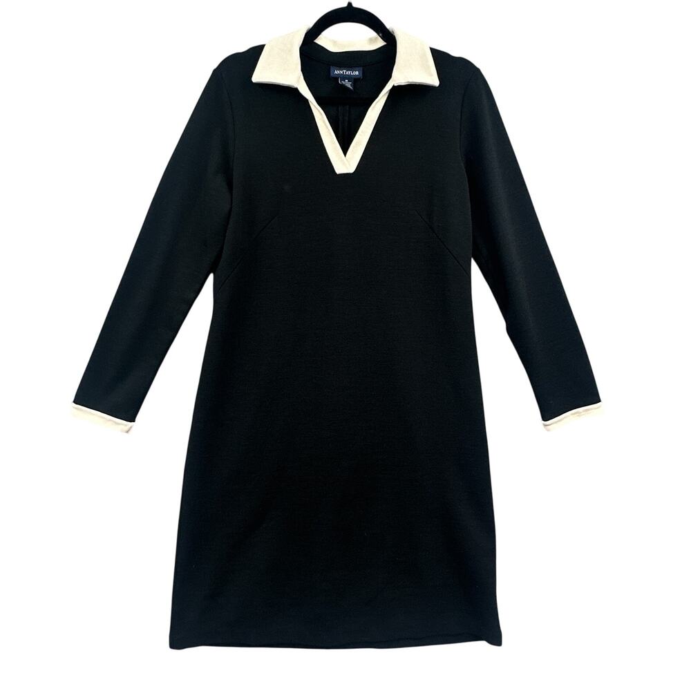 Ann Taylor Knit Sweater Dress 10 Wool Shift Black Career Business Preppy Basic